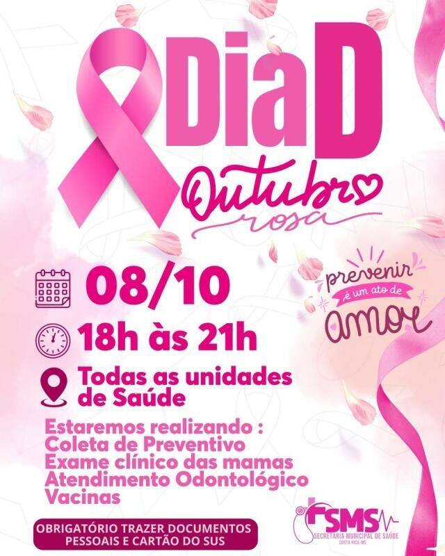 Imagem de compartilhamento para o artigo Dia D do Outubro Rosa acontece nesta quarta-feira em Costa Rica da MS Todo dia